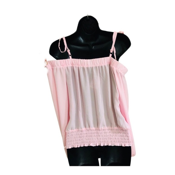 Pink cold shoulder sheer long sleeve smocked cuff waist blouse top size‎ medium - Picture 8 of 10